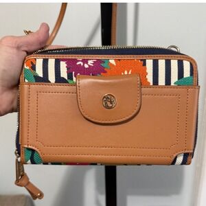Spartina 449 Crossbody Wallet Floral Stripe Small Tan Good Canvas Mermaid Logo